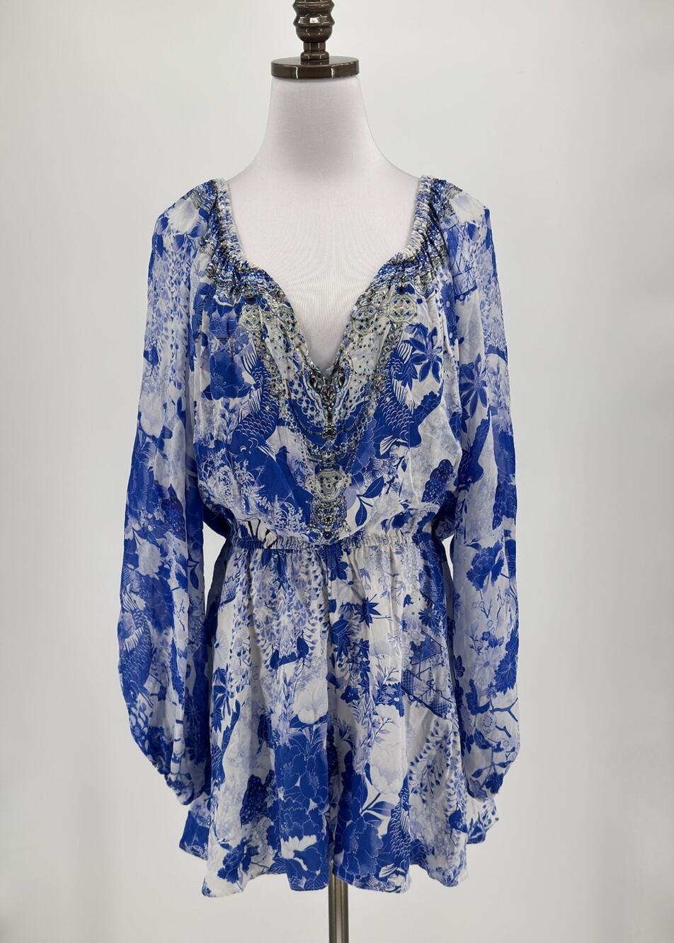 Camilla The Fan Sea Blue White Floral V Neck Balloon Sleeve Blouson Playsuit